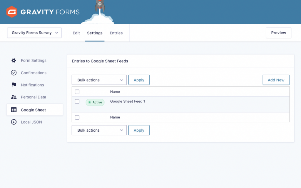 This screenshot shows the Google Sheet tab of a form settings page in Gravity Forms. One active feed is shown called Entries to Google Sheet Feed 1.